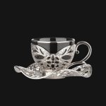Handmade coffee cups with embroidered metal holders and saucers Set | Black-Silver.
