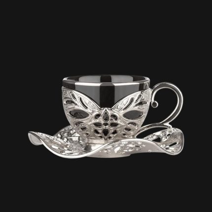 Handmade coffee cups with embroidered metal holders and saucers Set | Black-Silver.