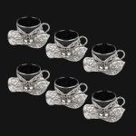 Handmade, coffee Cups with Embroidered Metal Holders and Saucers Set | Black-Silver.