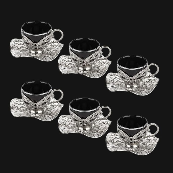 Handmade, coffee Cups with Embroidered Metal Holders and Saucers Set | Black-Silver.