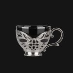 Handmade, coffee Cups with Embroidered Metal Holders and Saucers Set | Black-Silver.