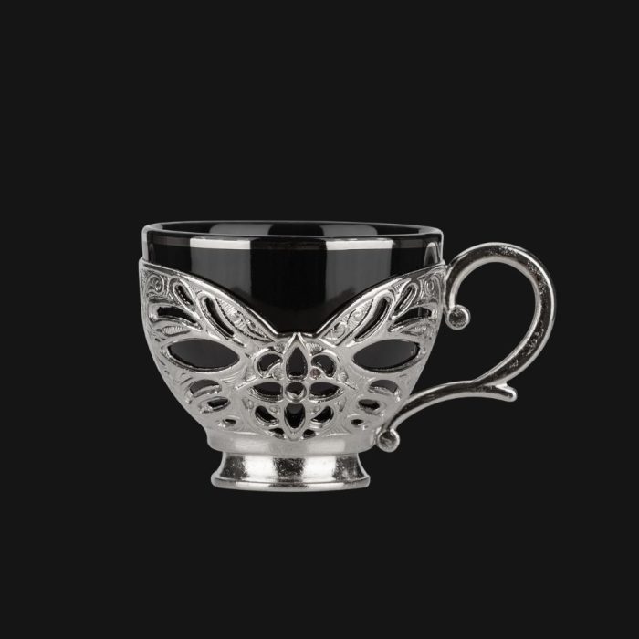 Handmade, coffee Cups with Embroidered Metal Holders and Saucers Set | Black-Silver.