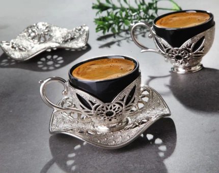 Handmade coffee Cups with Embroidered Metal Holders and Saucers Set | Black-Silver.