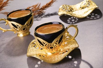 Gilded design, Gilded design Cups with Embroidered Metal Holders and Saucers Set | Black-Gold
