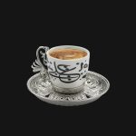Made in Turkey, Arabic Calligraphy Coffee Cups with Metal Holders and Saucers Set | Silver