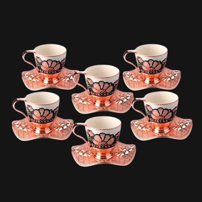 Nisa Cup Set, Rose Gold Metal Holders and saucers