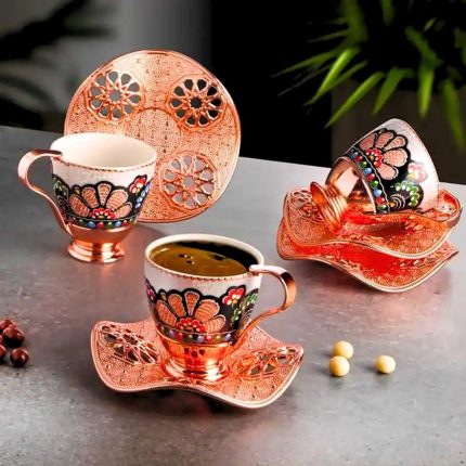 Nisa Cup Set, Rose Gold Metal Holders and saucers