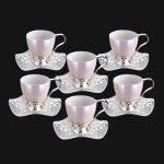 Nisa Cup Set | in Pearl color -Silver Metal Holders and Saucers