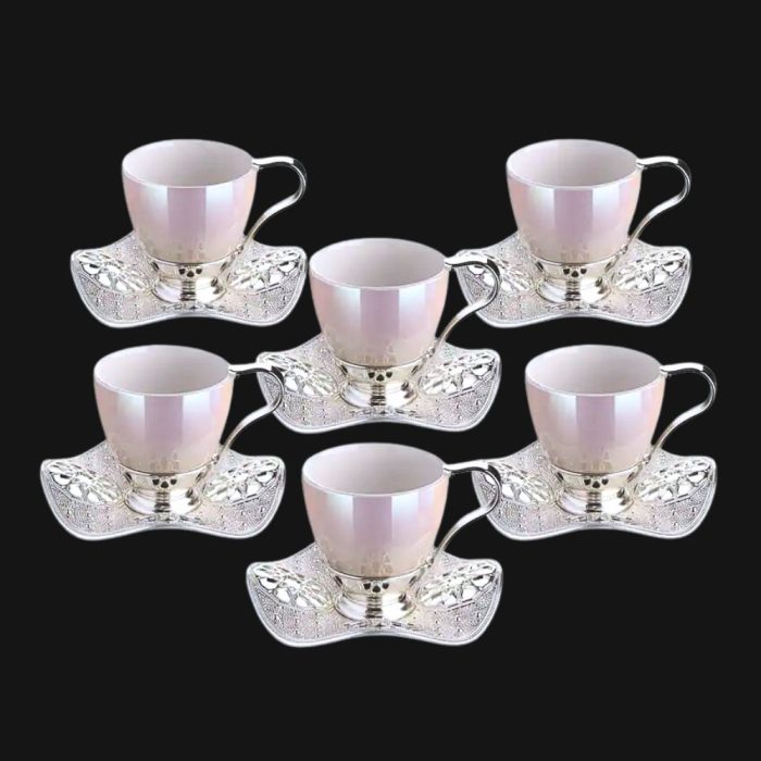 Nisa Cup Set | in Pearl color -Silver Metal Holders and Saucers