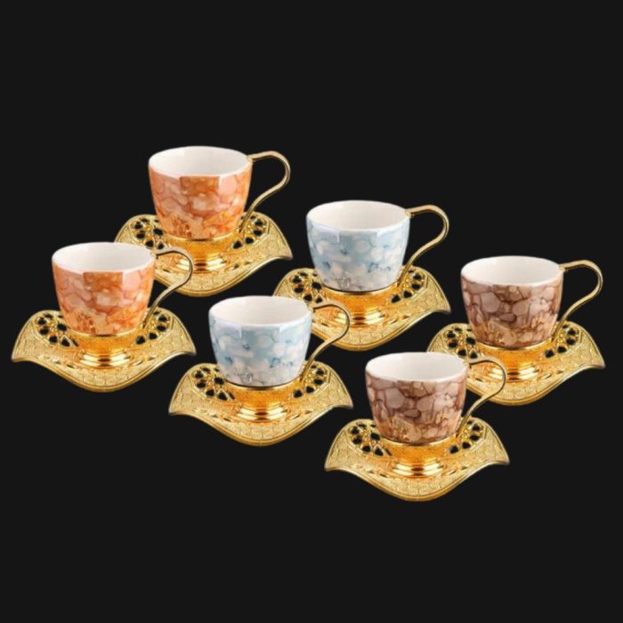 Marble color, Nisa Cup Set | Marble-Gold Metal Holders and Saucers
