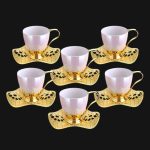 Pearl colored, Nisa Cup Set | Pearl-Gold Metal Holders and Saucers