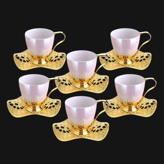 Pearl colored, Nisa Cup Set | Pearl-Gold Metal Holders and Saucers