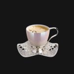Pearl color, Nisa Cup Set | in Pearl color -Silver Metal Holders and Saucers