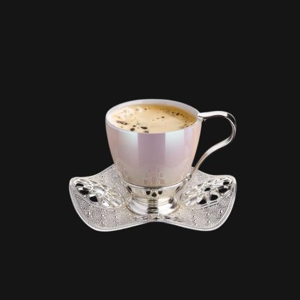 Pearl color, Nisa Cup Set | in Pearl color -Silver Metal Holders and Saucers