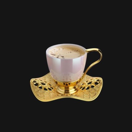 Pearl colored, Nisa Cup Set | Pearl-Gold Metal Holders and Saucers