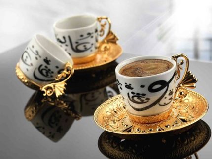 Arabic Calligraphy bestCoffee mugs with Metal Holders and Saucers Set | White-Gold