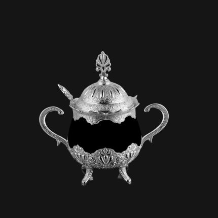 Antique Porcelain Sugar Bowl | Silver- Black