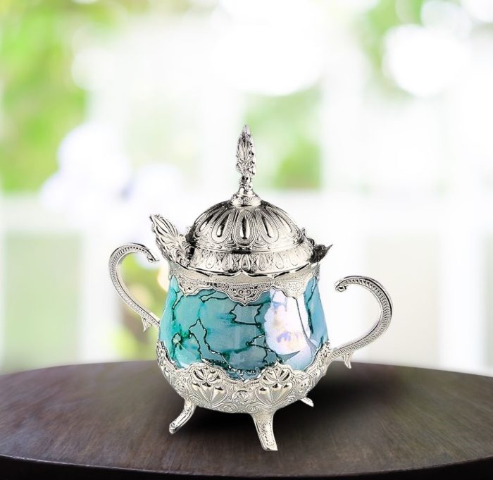 Elegant Sugar Bowl in Silver-Sea Green color