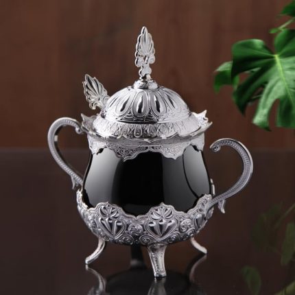 Antique Porcelain Sugar Bowl | Silver- Black