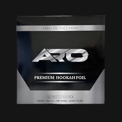 ARO Hookah Foil: 50 pre-cut and pre-poked sheets with 0.3-micron thickness, designed for even heat distribution and enhanced shisha sessions